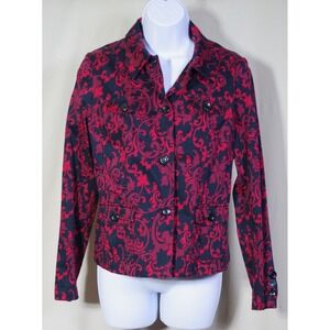 Charter Club Petite Woman's Small Red Black Damask Scroll Button Front Jacket